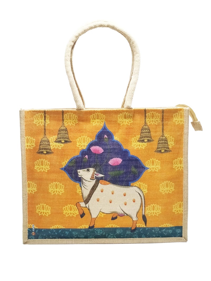Sangra Multicolor Jute bag for Women and Men Lunch Bag with Zip and Handle (Floral) (Cow) - Image 1
