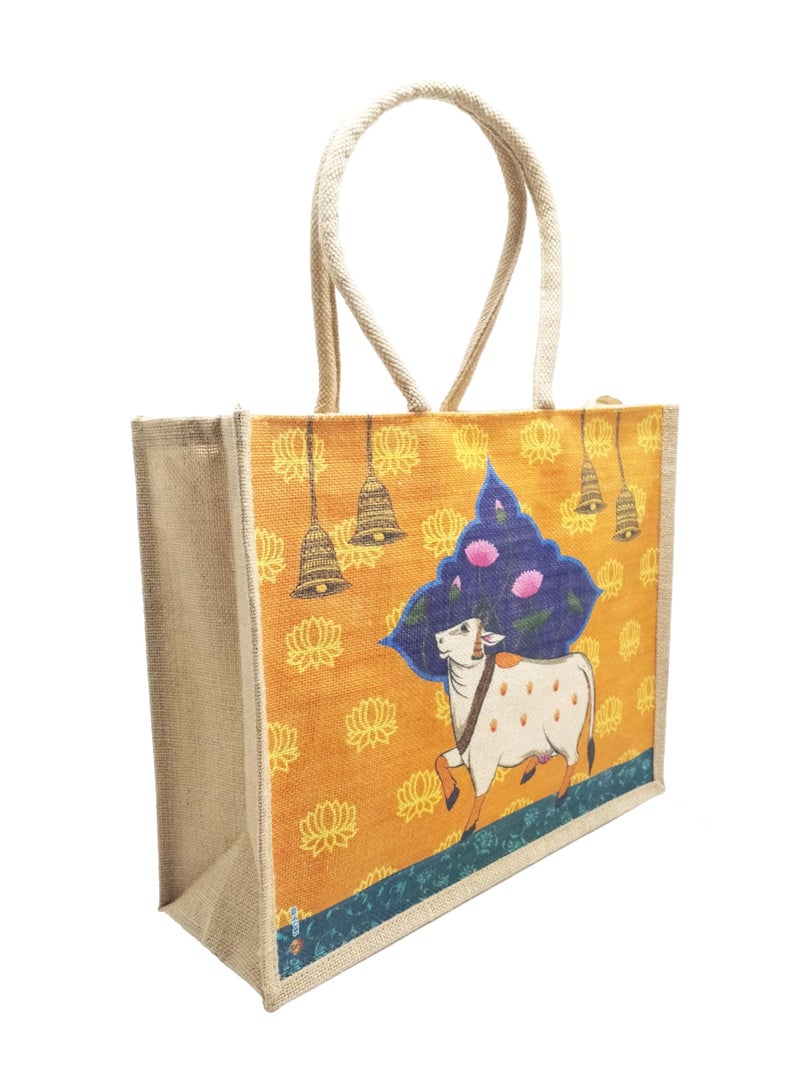 Sangra Multicolor Jute bag for Women and Men Lunch Bag with Zip and Handle (Floral) (Cow) - Image 2