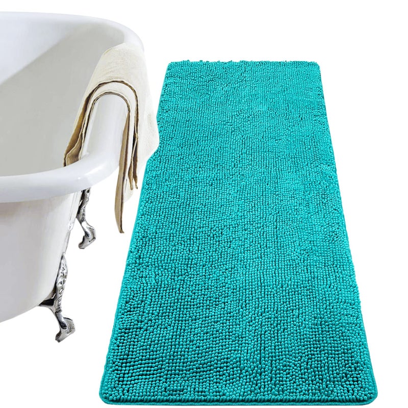 LOCHAS Luxury Bathroom Rug Shaggy Bath Mat 24 x 70 Inch Washable Non Slip Bath Rugs for Bathroom Shower Soft Plush Chenille Absorbent Carpets Mats Teal Blue
