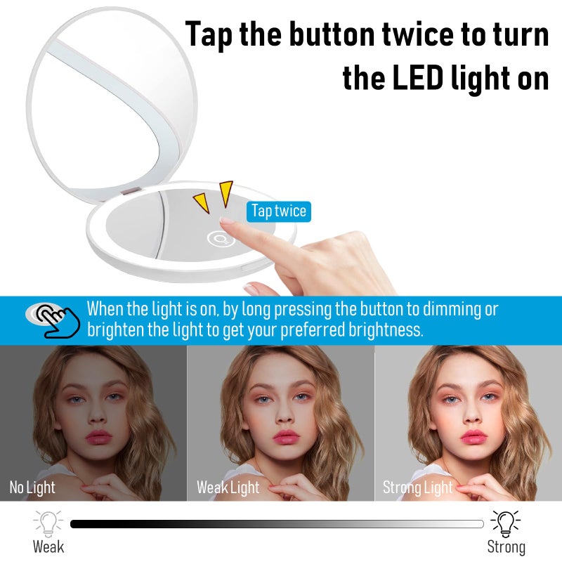 Milishow Compact Mirror with LED Light,1x/10x Magnifying Rechargeable Mirror,3.5in, Dimmable Travel Mirror for Purse,Pocket,Handheld 2-Sided Makeup Mirror - Image 3