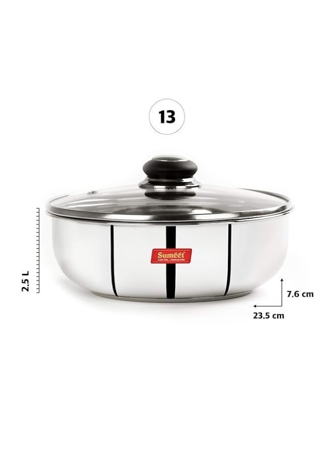 Sumeet Stainless Steel Encapsulated Bottom Induction And Gas Stove Friendly Tasra With Glass Lid - (2.5 Liter - 23.5cm), Silver - Image 3