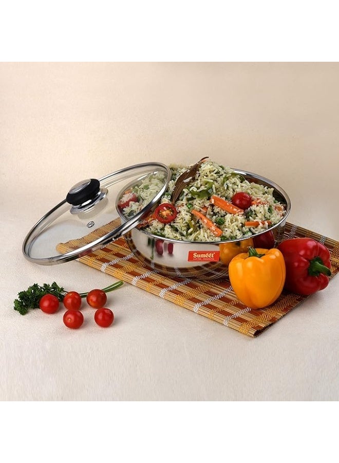 Sumeet Stainless Steel Encapsulated Bottom Induction And Gas Stove Friendly Tasra With Glass Lid - (2.5 Liter - 23.5cm), Silver - Image 2