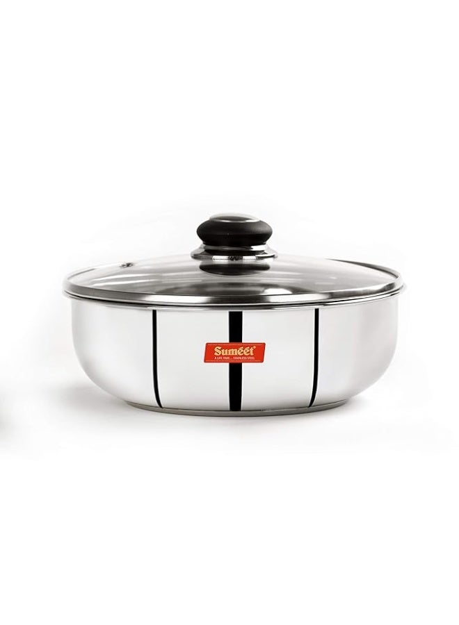Sumeet Stainless Steel Encapsulated Bottom Induction And Gas Stove Friendly Tasra With Glass Lid - (2.5 Liter - 23.5cm), Silver - Image 1