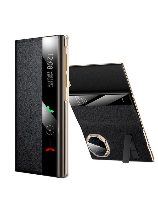 Freeson Genuine Leather Protective Case For Huawei Mate Xt, Matext Three-Fold Screen Full Coverage Anti-Drop Smart View Leather Case Top Layer Cowhide Black - Image 2