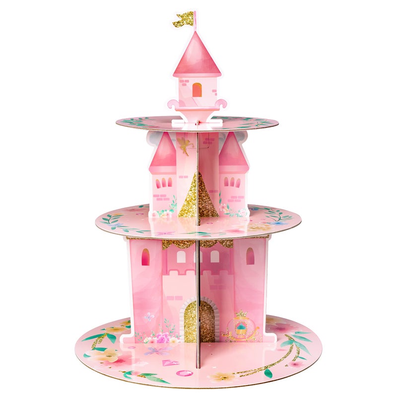 ANGOLIO 3 Tiers Watercolor Princess Cupcake Stand Princess Birthday Party Cardboard Cupcake Holder Decorations Pink Castle Floral Dessert Tower Party Supplies for Kids Girls Pink Themed Baby Shower