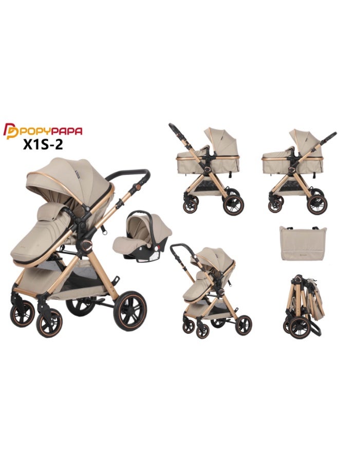 POPYPAPA X1S-2 3-in-1 Baby Travel System Stroller | Reversible Handle Parent Facing Mode | Bassinet + Toddler Seat + Infant Car Seat | Lightweight Foldable Pram | Premium Newborn to Toddler Stroller UAE