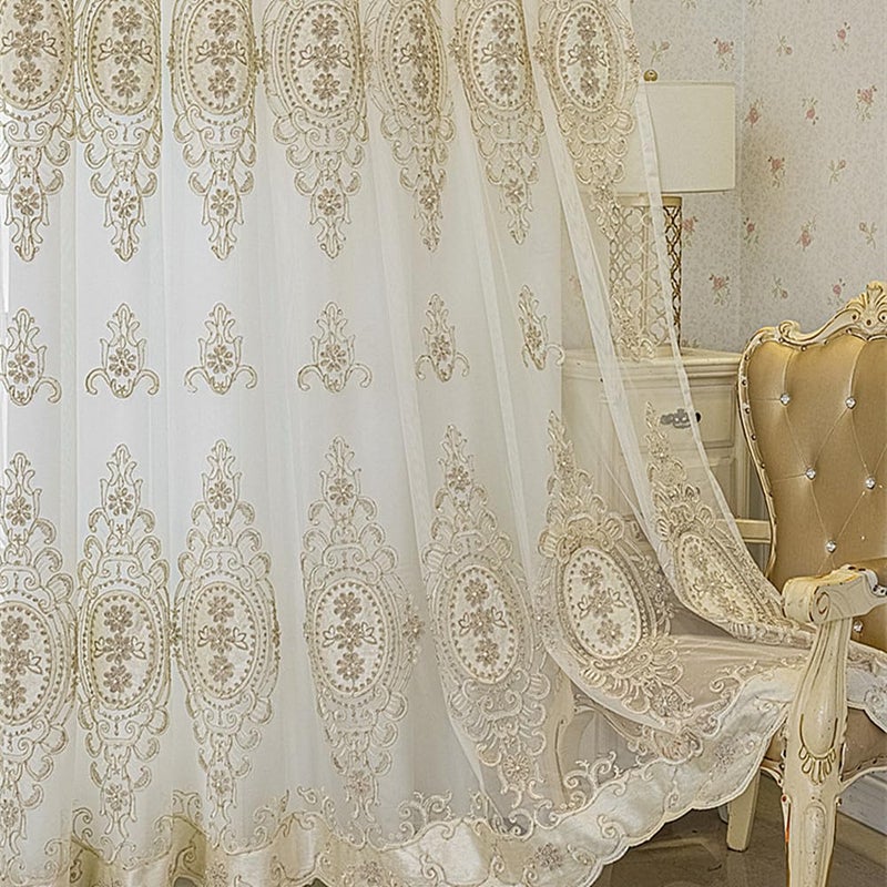 Amidoudou 1 Pair European Double Layer Curtains with Valances for Living Room Bedroom Luxury 3D Flower Embroidered Semi-Blackout Curtains (White,51x84 Inch) - Image 4