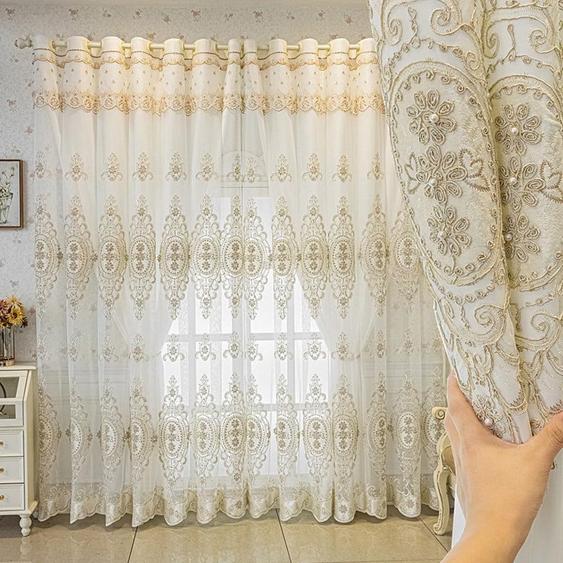 Amidoudou 1 Pair European Double Layer Curtains with Valances for Living Room Bedroom Luxury 3D Flower Embroidered Semi-Blackout Curtains (White,51x84 Inch) - Image 1
