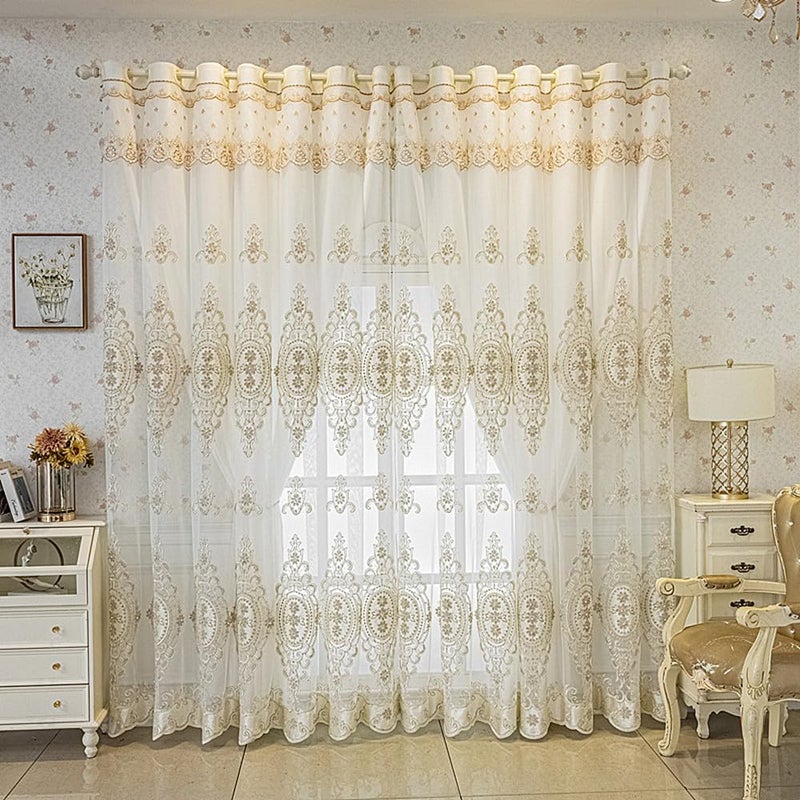 Amidoudou 1 Pair European Double Layer Curtains with Valances for Living Room Bedroom Luxury 3D Flower Embroidered Semi-Blackout Curtains (White,51x84 Inch) - Image 2