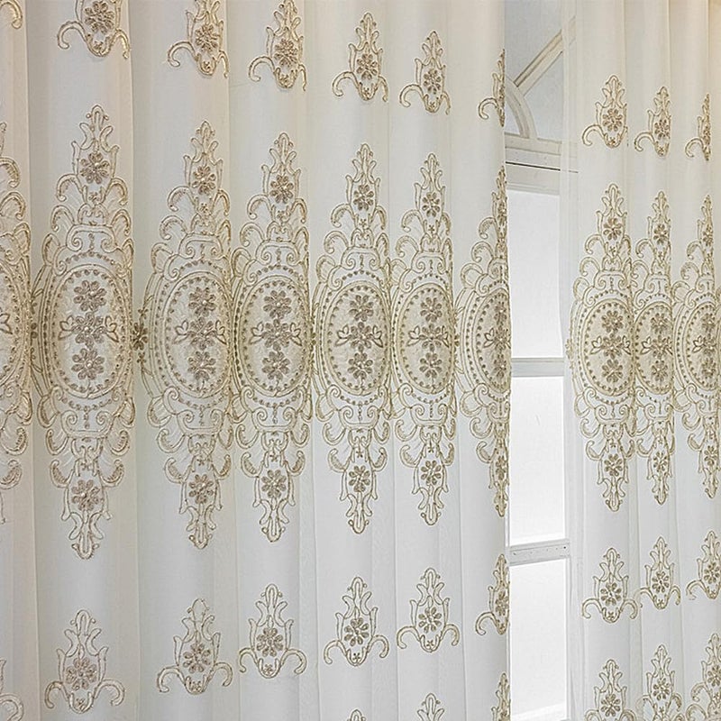 Amidoudou 1 Pair European Double Layer Curtains with Valances for Living Room Bedroom Luxury 3D Flower Embroidered Semi-Blackout Curtains (White,51x84 Inch) - Image 3