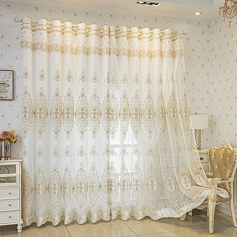 Amidoudou 1 Pair European Double Layer Curtains with Valances for Living Room Bedroom Luxury 3D Flower Embroidered Semi-Blackout Curtains (White,51x84 Inch) - Image 5
