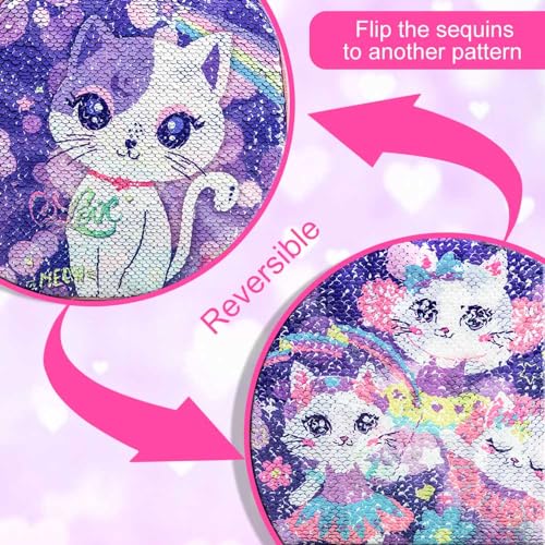 UFNDC 4PCS Rolling Backpack for Girls, Kids Cat Sequin Wheeled Bookbag, Travel Roller School Bag with Wheels - Image 3