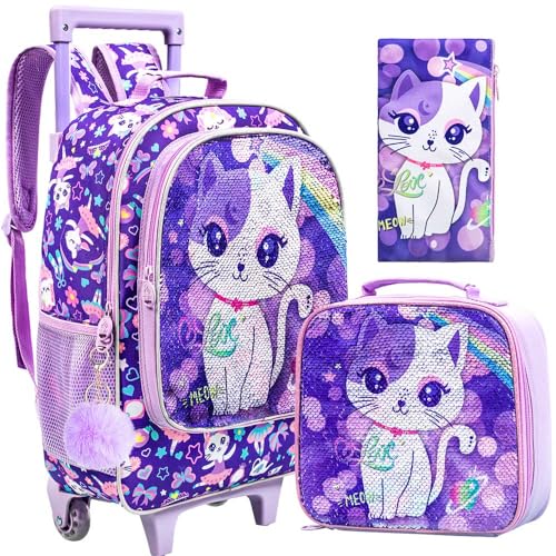 UFNDC 4PCS Rolling Backpack for Girls, Kids Cat Sequin Wheeled Bookbag, Travel Roller School Bag with Wheels - Image 1