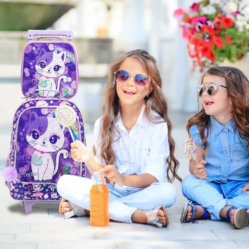 UFNDC 4PCS Rolling Backpack for Girls, Kids Cat Sequin Wheeled Bookbag, Travel Roller School Bag with Wheels - Image 2