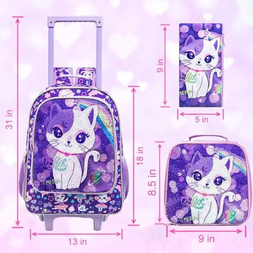 UFNDC 4PCS Rolling Backpack for Girls, Kids Cat Sequin Wheeled Bookbag, Travel Roller School Bag with Wheels - Image 5