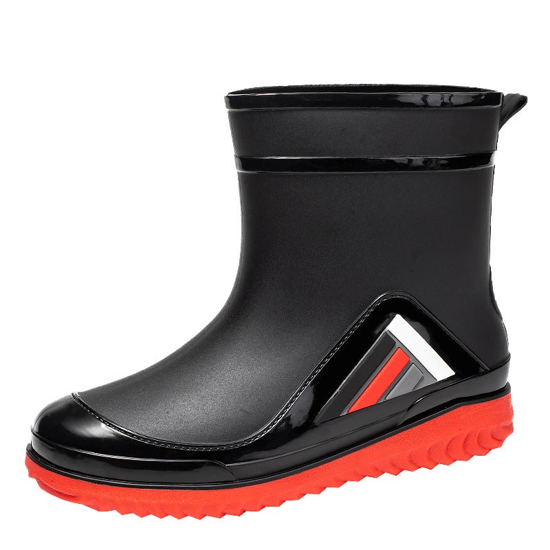 Rain boots mens fashion warm water shoes outdoor warm rain boots womens working kitchen non-slip fishing waterproof rubber shoes Black red