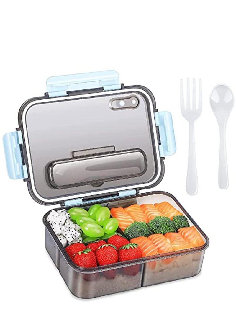 ROEIEIS Bento Lunch Box,3 Compartment Bento Box Containers for Adults Kids,Food Grade Plastic Lunch Box with with Spoon & Fork,BPA Free,Leak-proof,Dishwasher Safe,Microwave Safe(Blue) - Image 1