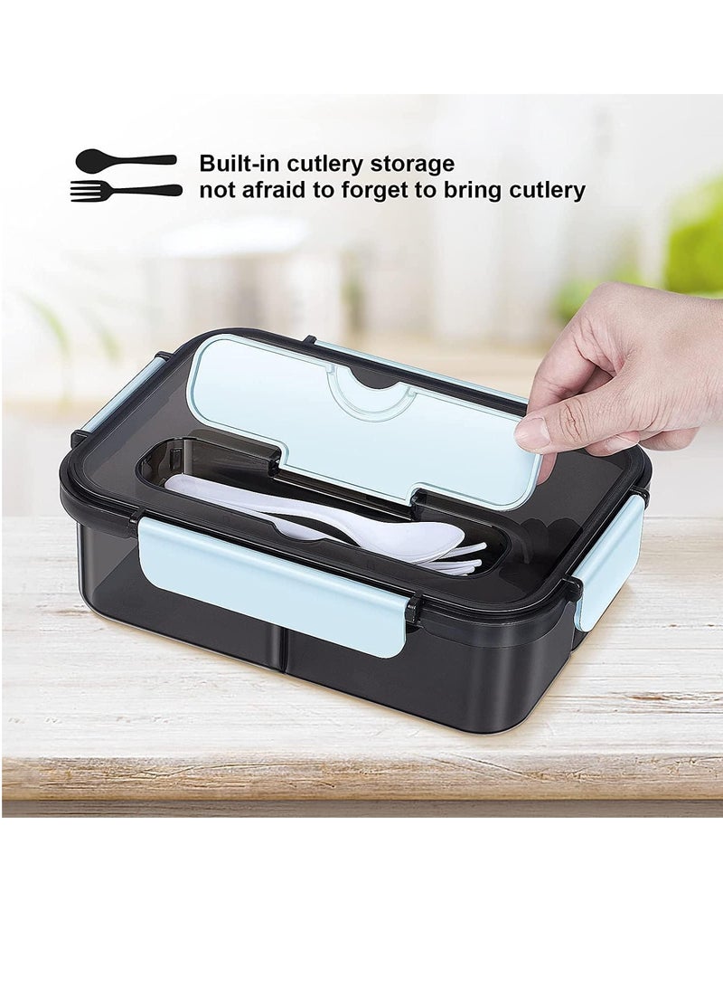 ROEIEIS Bento Lunch Box,3 Compartment Bento Box Containers for Adults Kids,Food Grade Plastic Lunch Box with with Spoon & Fork,BPA Free,Leak-proof,Dishwasher Safe,Microwave Safe(Blue) - Image 3