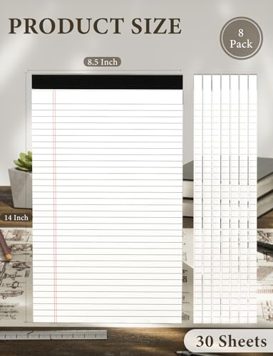 Zaviko Legal Pads 8.5 x 14 Note Pads, 8 Pack White Paper Pads 8.5''x 14'', Wide Ruled Notebook Pad, Lined Pads of Paper Writing Pads, White Notepads 8.5 x 14, Double Sided, Cardboard Backing, 30 Sheets/Pad - Image 2
