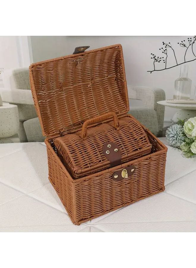 Brown Wicker Style Handwoven Look Suitcase Box Large Decorative Storage Box With Houndstooth Like Lid Sturdy Latch And Durable Plastic Like Wicker For Gift Packaging Storage Showers Parties Travel - Image 3