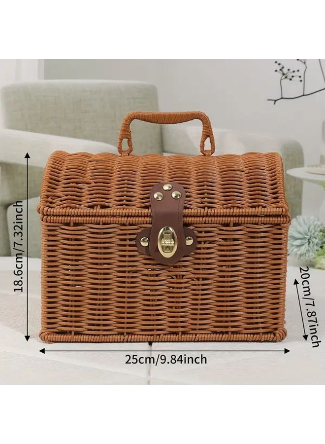 Brown Wicker Style Handwoven Look Suitcase Box Large Decorative Storage Box With Houndstooth Like Lid Sturdy Latch And Durable Plastic Like Wicker For Gift Packaging Storage Showers Parties Travel - Image 2