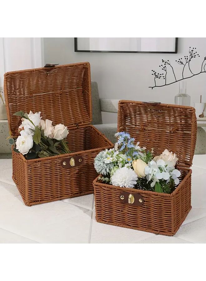 Brown Wicker Style Handwoven Look Suitcase Box Large Decorative Storage Box With Houndstooth Like Lid Sturdy Latch And Durable Plastic Like Wicker For Gift Packaging Storage Showers Parties Travel - Image 5