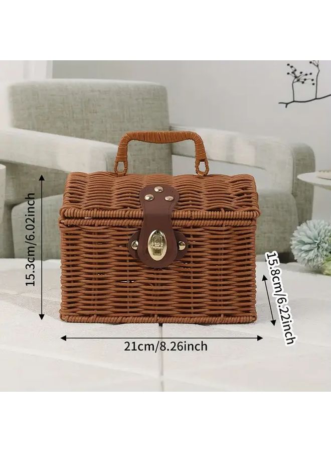 Brown Wicker Style Handwoven Look Suitcase Box Large Decorative Storage Box With Houndstooth Like Lid Sturdy Latch And Durable Plastic Like Wicker For Gift Packaging Storage Showers Parties Travel - Image 4