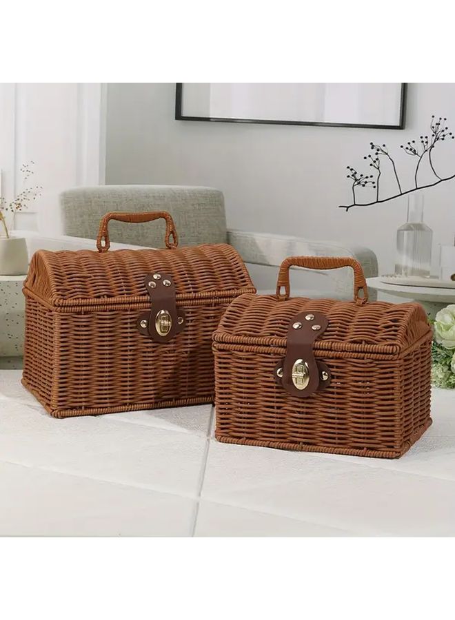 Brown Wicker Style Handwoven Look Suitcase Box Large Decorative Storage Box With Houndstooth Like Lid Sturdy Latch And Durable Plastic Like Wicker For Gift Packaging Storage Showers Parties Travel - Image 1