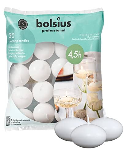 Bolsius White Floating Candles 20 Count - 1.75 Inch, 5 Hour Long Lasting Candle Set Romantic Decoration for Special Night, Pool, Party, Wedding, Cylinder Vases for Centerpiece - Image 1