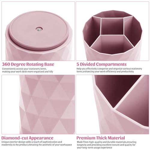 minimaliving Desk OrganizerSparkling Diamondlike Pen Holder for Desk 360Rotating Office AccessoriesPencil Cup with 5 Compartments Storage Box Caddy for OfficeSchoolHomeArt SupplyPink - Image 3