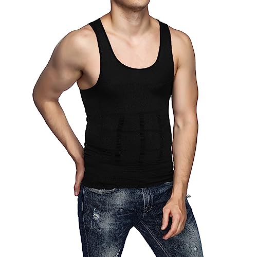 Odoland 5 Pack Men's Compression Shirt Short Sleeve Vest Set, Body Shaper Tummy Slimming Shapewear Tank Top Base Layer for Sport,3 Black Tank Top and 2 Black Short Sleeve,L - Image 2