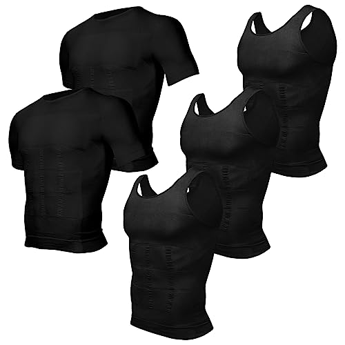 Odoland 5 Pack Men's Compression Shirt Short Sleeve Vest Set, Body Shaper Tummy Slimming Shapewear Tank Top Base Layer for Sport,3 Black Tank Top and 2 Black Short Sleeve,L - Image 1