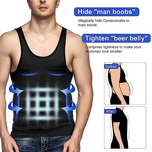 Odoland 5 Pack Men's Compression Shirt Short Sleeve Vest Set, Body Shaper Tummy Slimming Shapewear Tank Top Base Layer for Sport,3 Black Tank Top and 2 Black Short Sleeve,L - Image 4