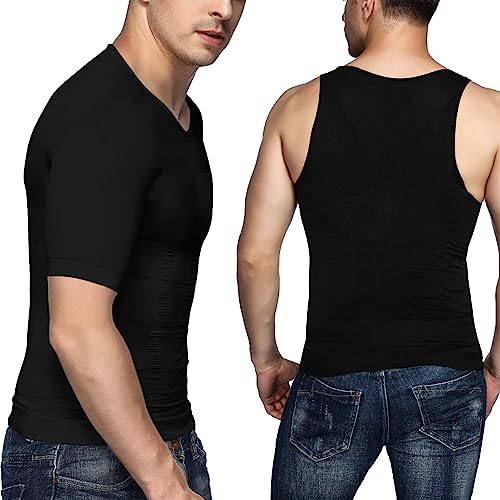 Odoland 5 Pack Men's Compression Shirt Short Sleeve Vest Set, Body Shaper Tummy Slimming Shapewear Tank Top Base Layer for Sport,3 Black Tank Top and 2 Black Short Sleeve,L - Image 3