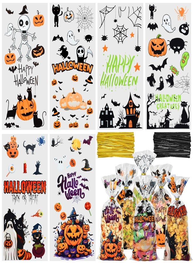 Twavang 150 Pcs Halloween Cellophane Treat Bags, Halloween Trick or Treat Goodie Bags with 170 Pcs Twists for Snacks Cookies Packing (10.8 x 4.9 inches) - Image 1