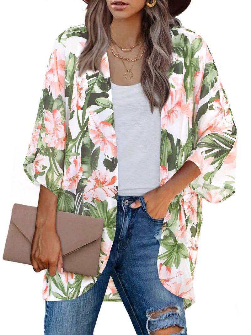 BB&KK Women's Floral Leaf Kimono Cover Ups Hawaiian Shirts Tops Tropical Boho Outfits Chiffon Sheer Lightweight Summer Cardigans Shawls Wraps Large White - Image 1