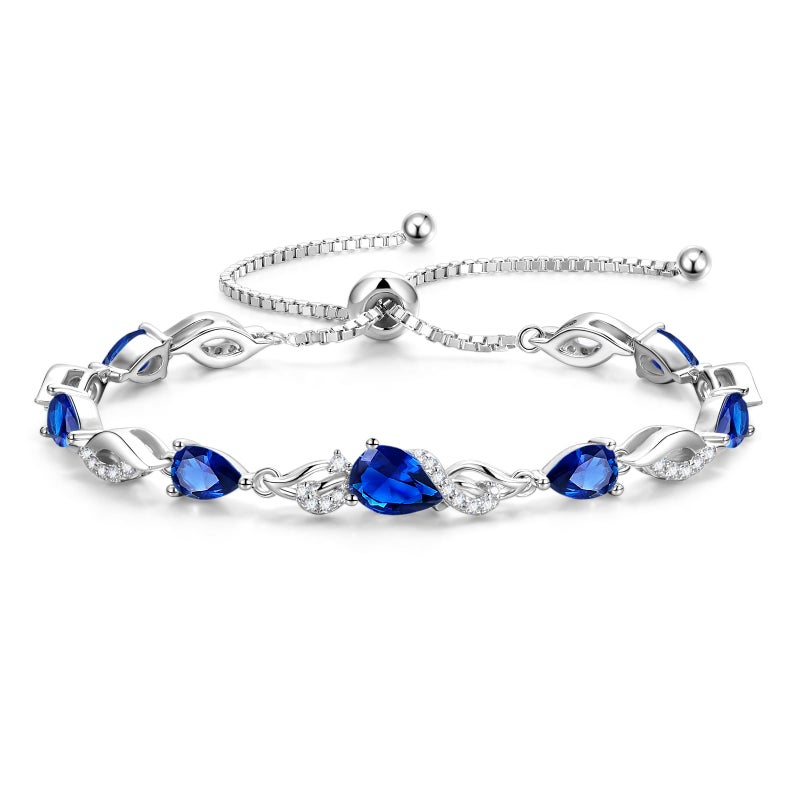 FANCIME September Birthstone Teardrop Sapphire Tennis Bracelet for Women, Sterling Silver 9x7mm main Gemstone Bolo Adjustable Chain Bracelet Fine Jewelry Birthday Gifts for Women Mom Wife Her - Image 1