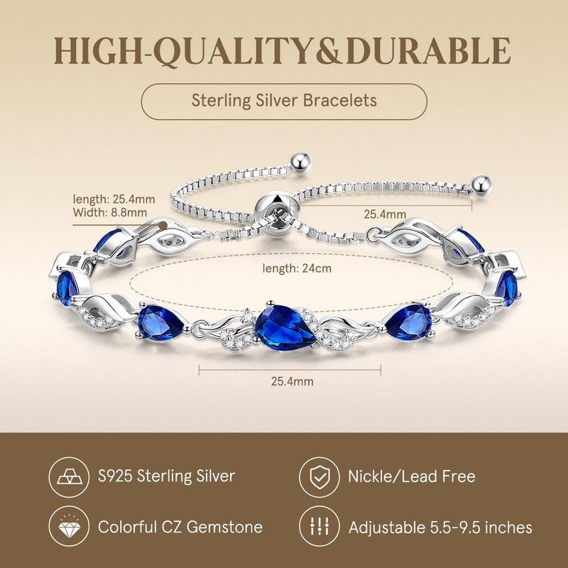 FANCIME September Birthstone Teardrop Sapphire Tennis Bracelet for Women, Sterling Silver 9x7mm main Gemstone Bolo Adjustable Chain Bracelet Fine Jewelry Birthday Gifts for Women Mom Wife Her - Image 5