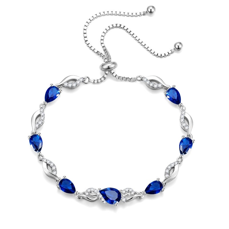 FANCIME September Birthstone Teardrop Sapphire Tennis Bracelet for Women, Sterling Silver 9x7mm main Gemstone Bolo Adjustable Chain Bracelet Fine Jewelry Birthday Gifts for Women Mom Wife Her - Image 2