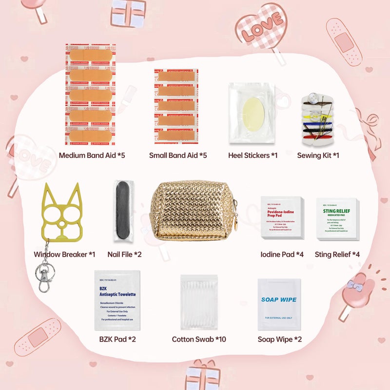 Kitgo Mini First Aid Emergency Clutch Kit -Mother Day Women's Day Gift Compact Safety Pouch Party Bag with 36 Essential Items for Girl Lady Mother Wife Nurse for Girl Lady Mother Wife Nurse (GOLD new) - Image 3