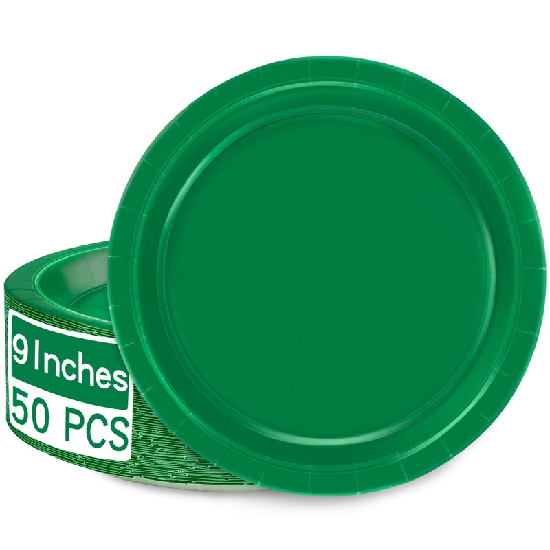 QZYL 50 PCS Disposable Paper Plates  9 Inches Dinner Paper Plates Set  Green Heavy Duty Paper Plates  Round Paper Plates for Daily Use Picnic Anniversary Birthday St Patricks Day Party Supplies - Image 1