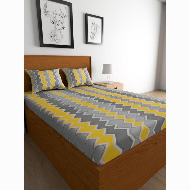 Urban Magic 104TC Cotton Yellow Printed Queen Double Bedsheet (1 Bedsheet, 2 Pillow Covers) - Image 1