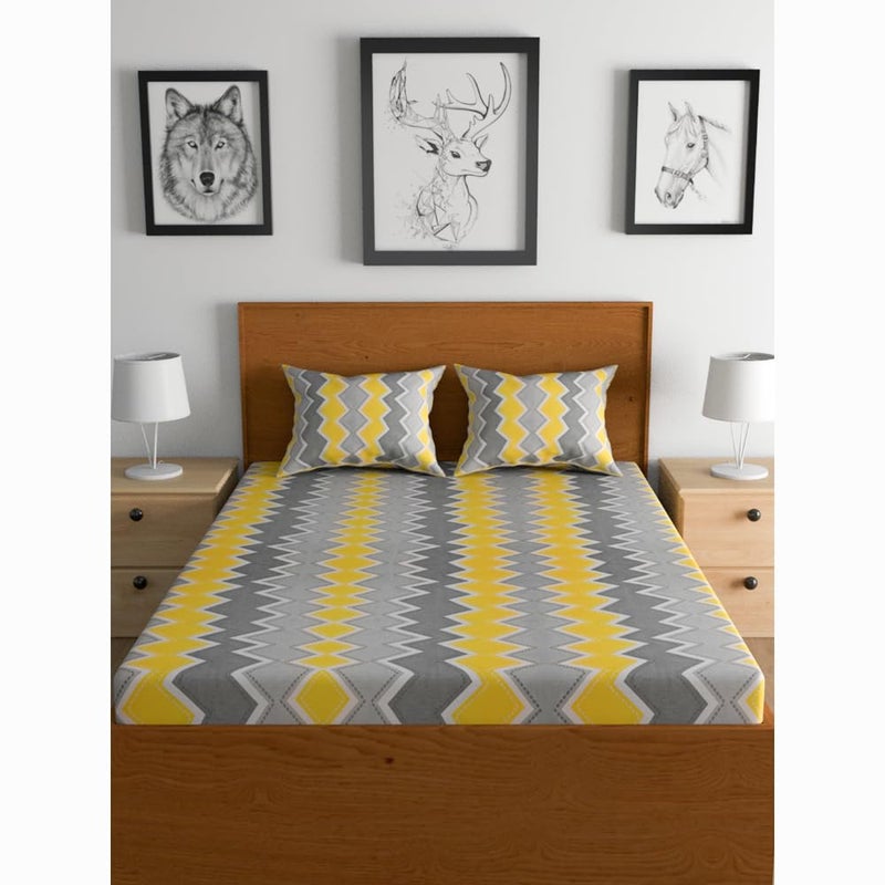 Urban Magic 104TC Cotton Yellow Printed Queen Double Bedsheet (1 Bedsheet, 2 Pillow Covers) - Image 2