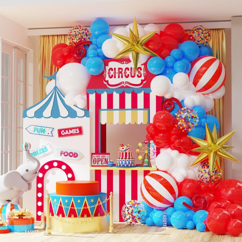 EASUTE Carnival Decorations Circus Theme Party Decorations, 139PCS Carnival Balloons Arch Garland with 4D Red White Stripe Explosive Star Confetti Balloons for Birthday Carnival Theme Party Decorations - Image 1
