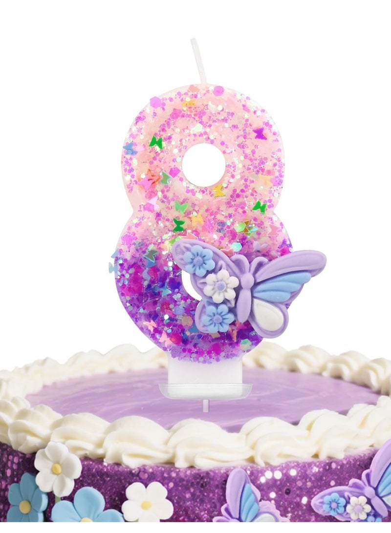 Birthday Candles Butterfly Birthday Candles for Cake Glitter Number 8 Candle Cake Topper with Sequins  - Image 1