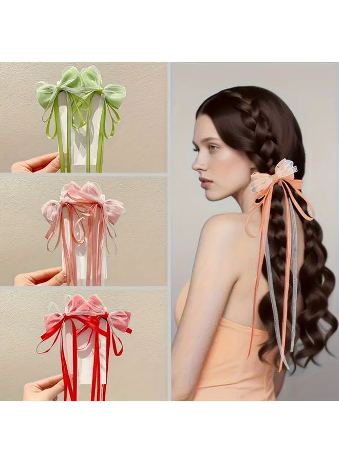 2 Piece Elegant Bow Tassel Hair Clips Braided Ribbon Hair Ties Sweet Versatile Accessory Perfect For Travel Vacation Birthday Parties Christmas Halloween And Everyday Styling Peach Pink - Image 1