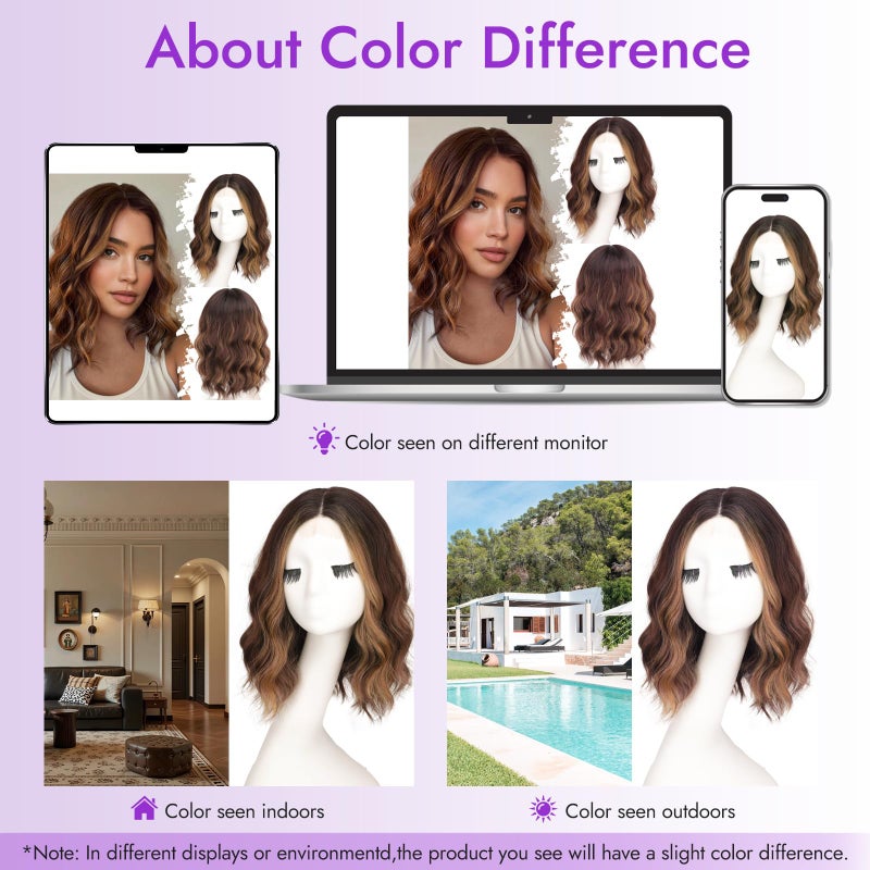 Eawwii Brown with Caramel Highlights Short Wavy Wig for Women Lace Hairline Bob Style Synthetic Heat Resistant - Natural Appearance for Everyday Hairstyle 14 Inch - Image 5