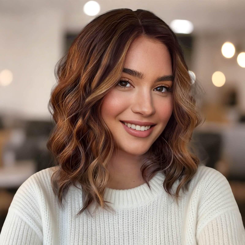Eawwii Brown with Caramel Highlights Short Wavy Wig for Women Lace Hairline Bob Style Synthetic Heat Resistant - Natural Appearance for Everyday Hairstyle 14 Inch - Image 1