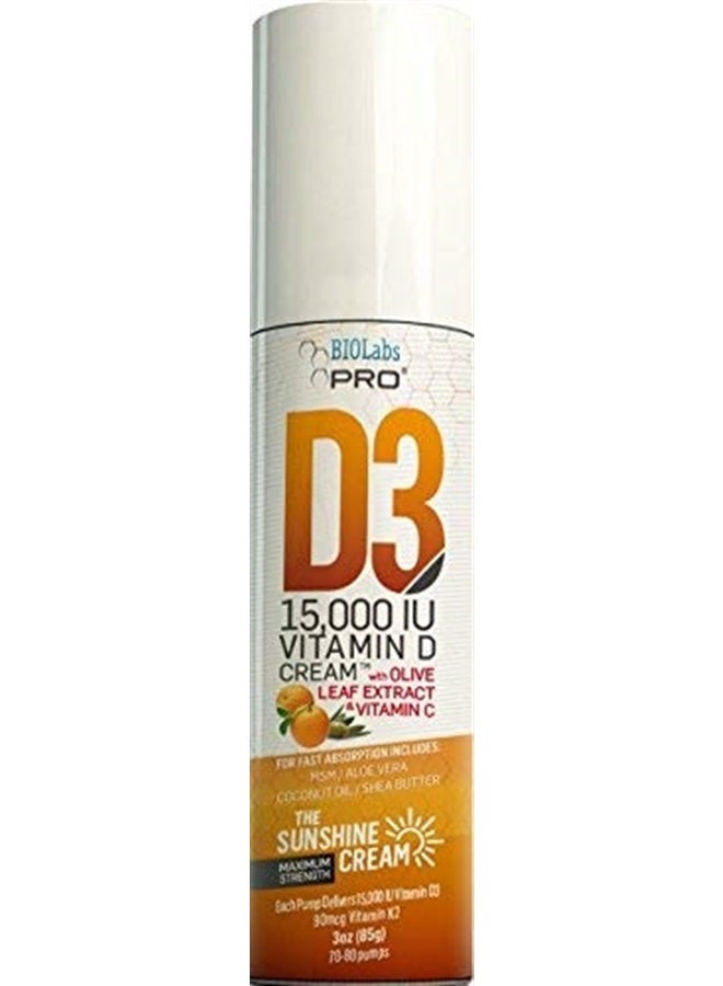 BIOLABS PRO All Natural Vitamin D3 15000IU Vitamin D Cream - Maximum Strength - Fight Vitamin D Deficiency Naturally - with Vitamin K2 & Olive Leaf Extract - Safe & Effective (15,000IU - 3.0oz) - Image 1