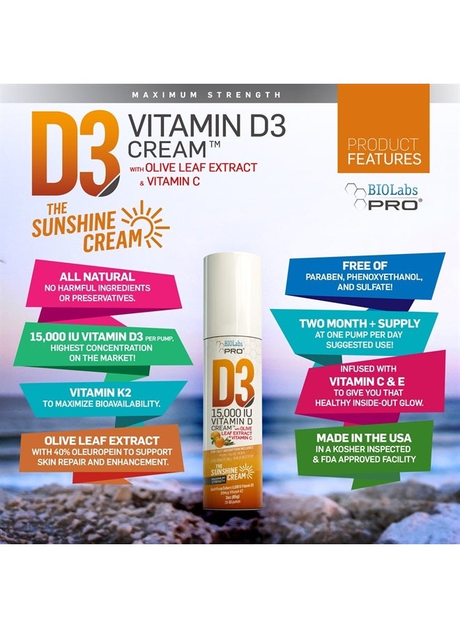 BIOLABS PRO All Natural Vitamin D3 15000IU Vitamin D Cream - Maximum Strength - Fight Vitamin D Deficiency Naturally - with Vitamin K2 & Olive Leaf Extract - Safe & Effective (15,000IU - 3.0oz) - Image 3